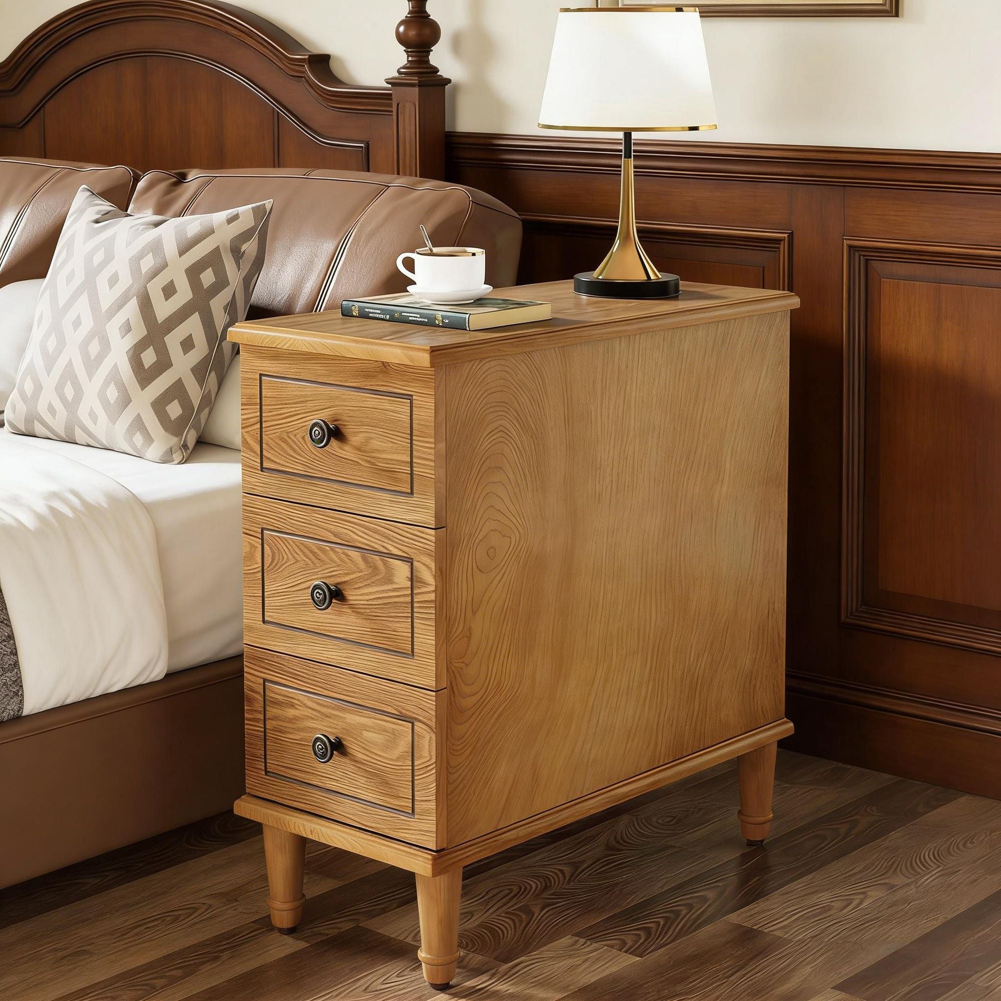 Wood Nightstand, Fully Assembled Narrow Side Table with 3 Drawers