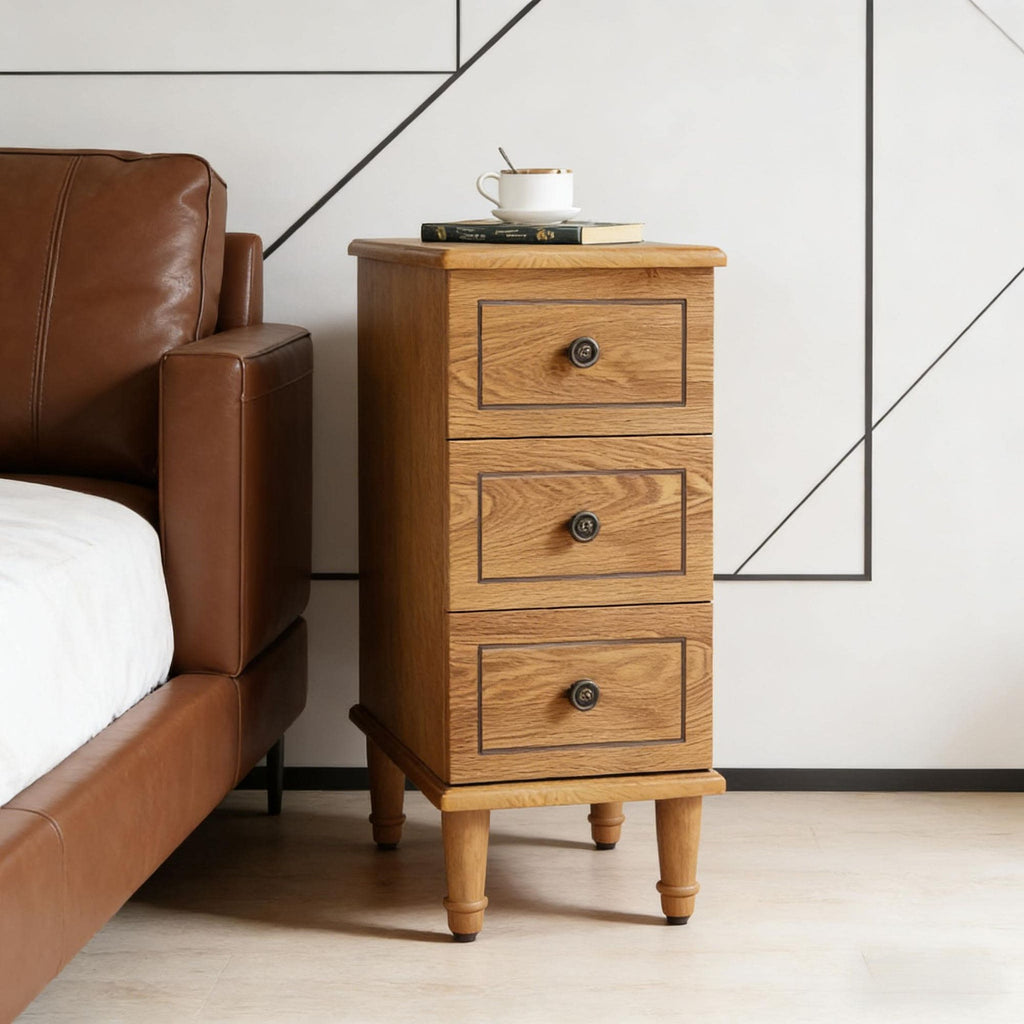 Wood Nightstand, Fully Assembled Narrow Side Table with 3 Drawers