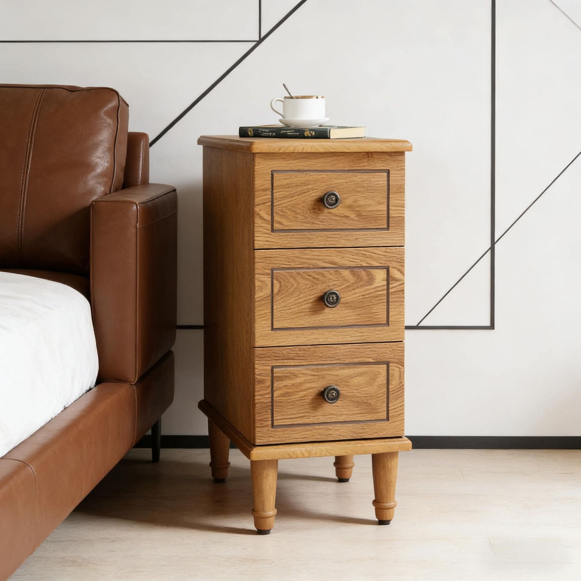 Wood Nightstand, Fully Assembled Narrow Side Table with 3 Drawers