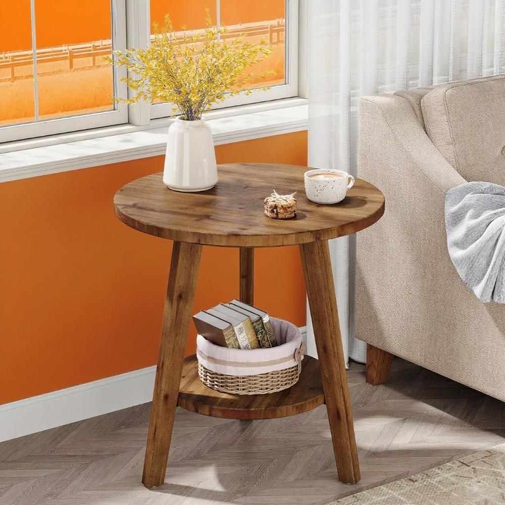 Rustic Round Side Table with a Handy Lower Shelf