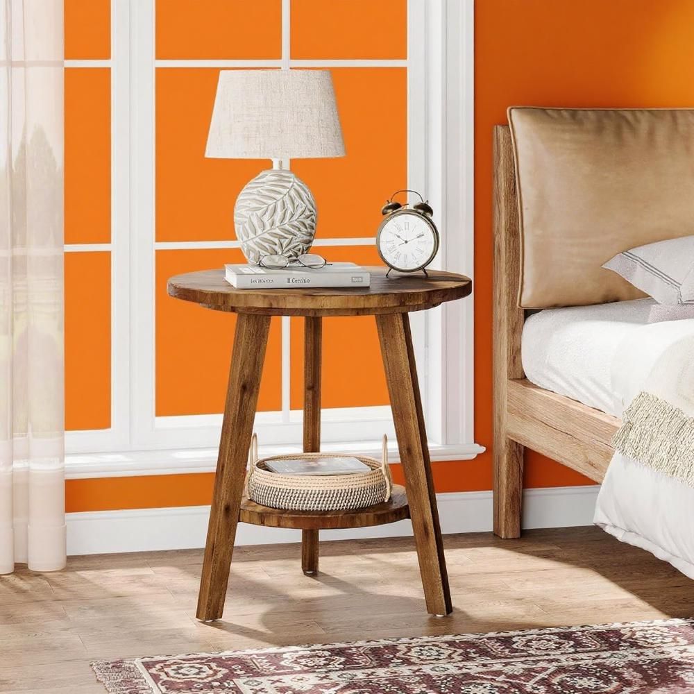 Rustic Round Side Table with a Handy Lower Shelf