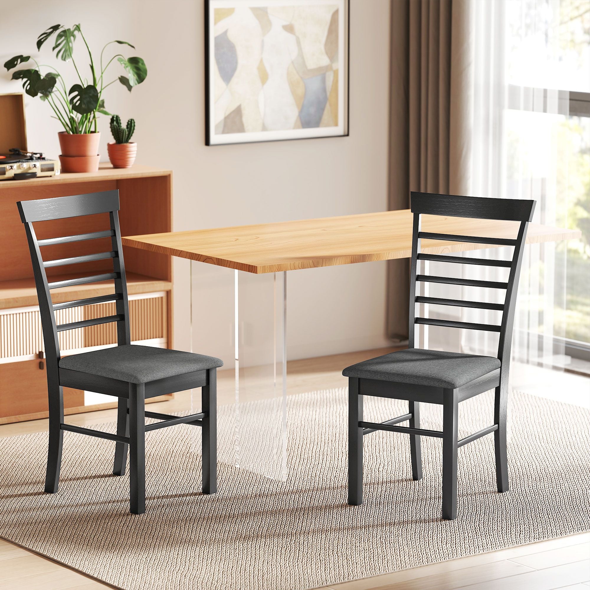 Wooden Dining Chairs Set of 2, Farmhouse Upholstered Kitchen Chairs with Rubber Wood Frame, Black an