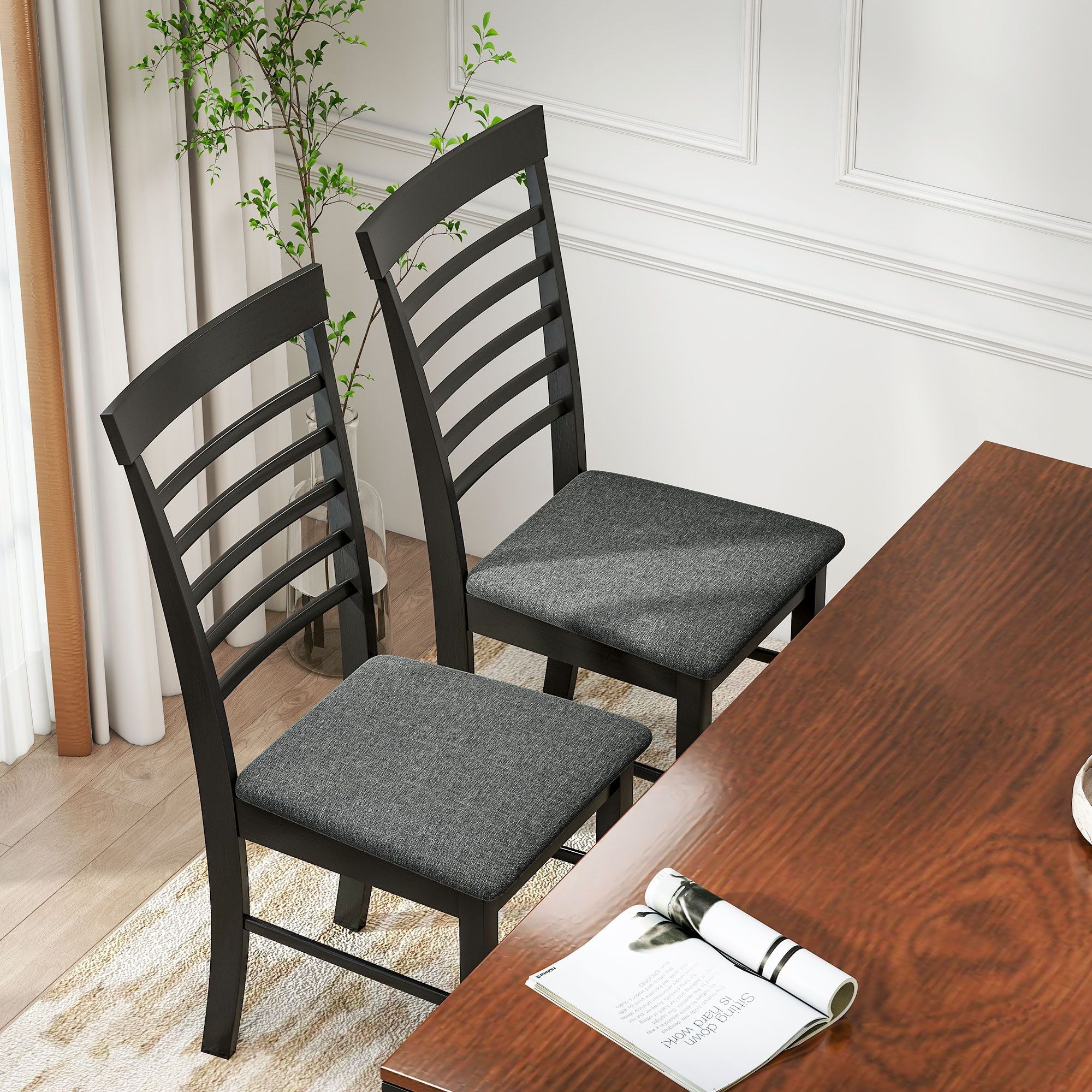 Wooden Dining Chairs Set of 2, Farmhouse Upholstered Kitchen Chairs with Rubber Wood Frame, Black an