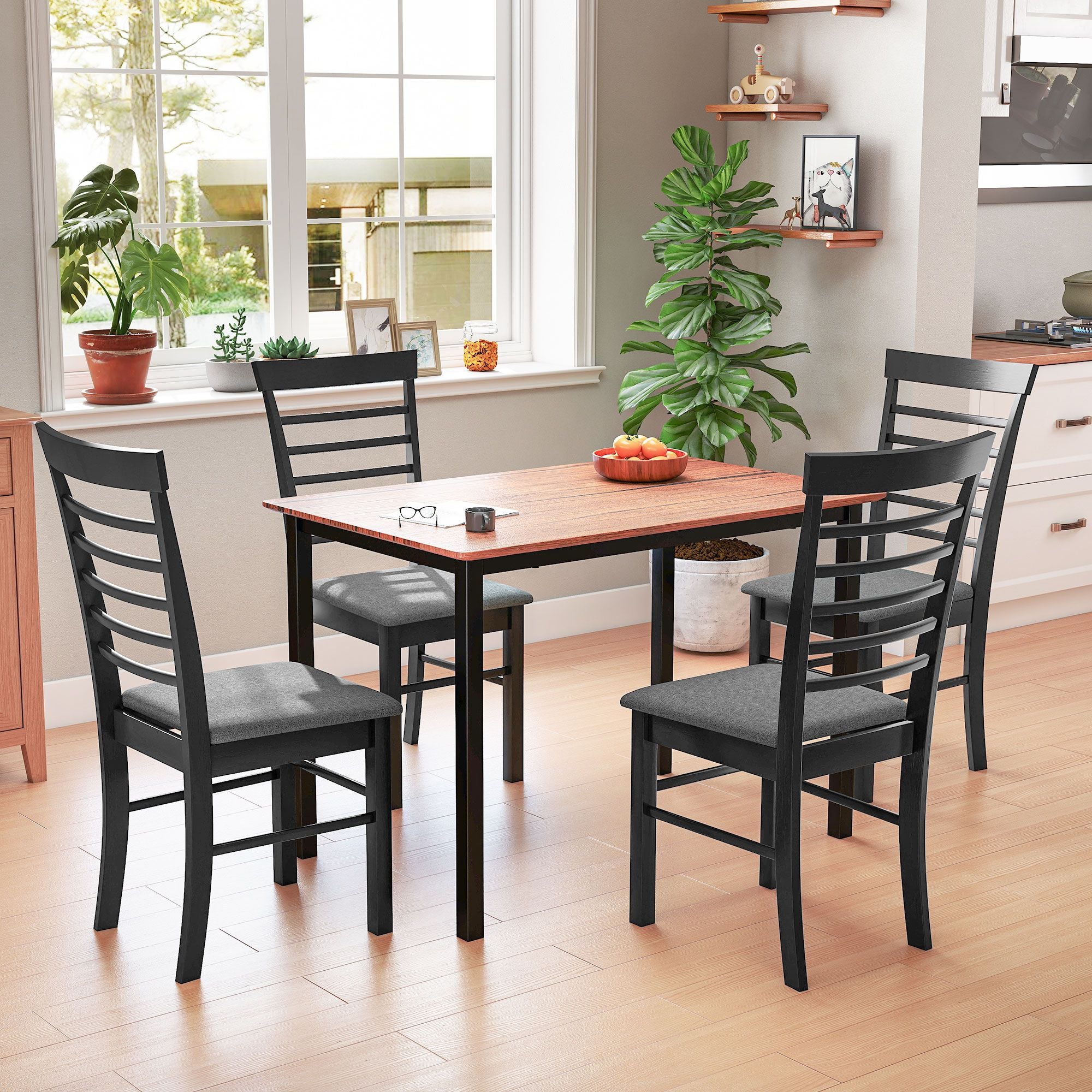 Wooden Dining Chairs Set of 2, Farmhouse Upholstered Kitchen Chairs with Rubber Wood Frame, Black an