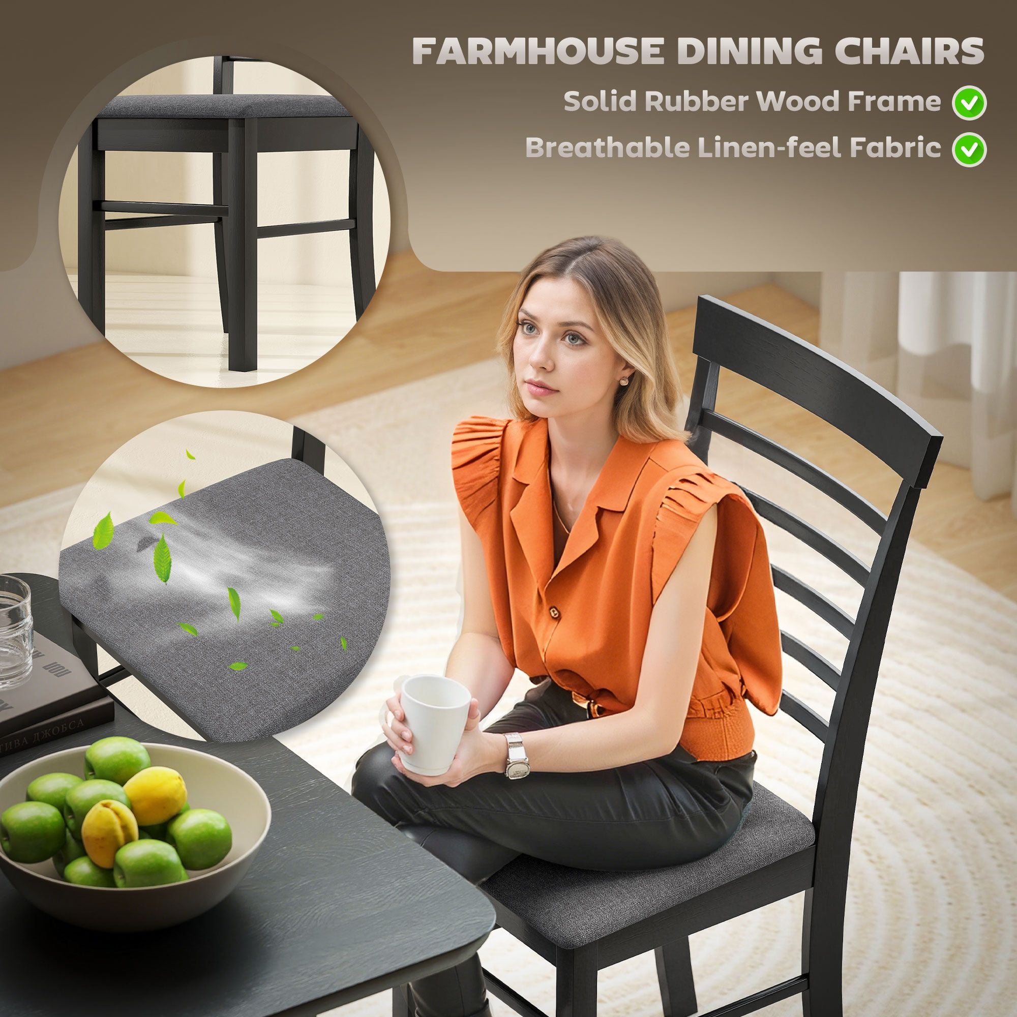 Wooden Dining Chairs Set of 2, Farmhouse Upholstered Kitchen Chairs with Rubber Wood Frame, Black an