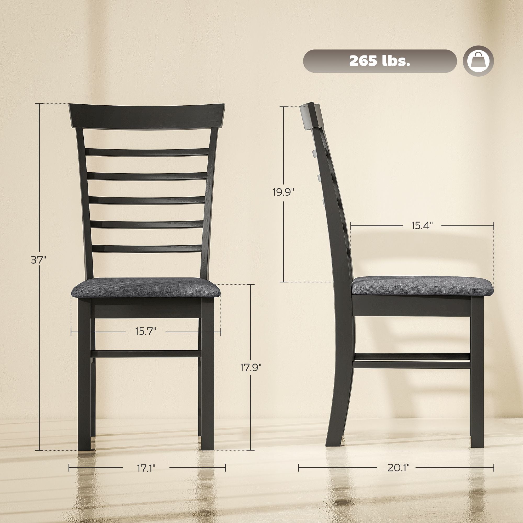 Wooden Dining Chairs Set of 2, Farmhouse Upholstered Kitchen Chairs with Rubber Wood Frame, Black an