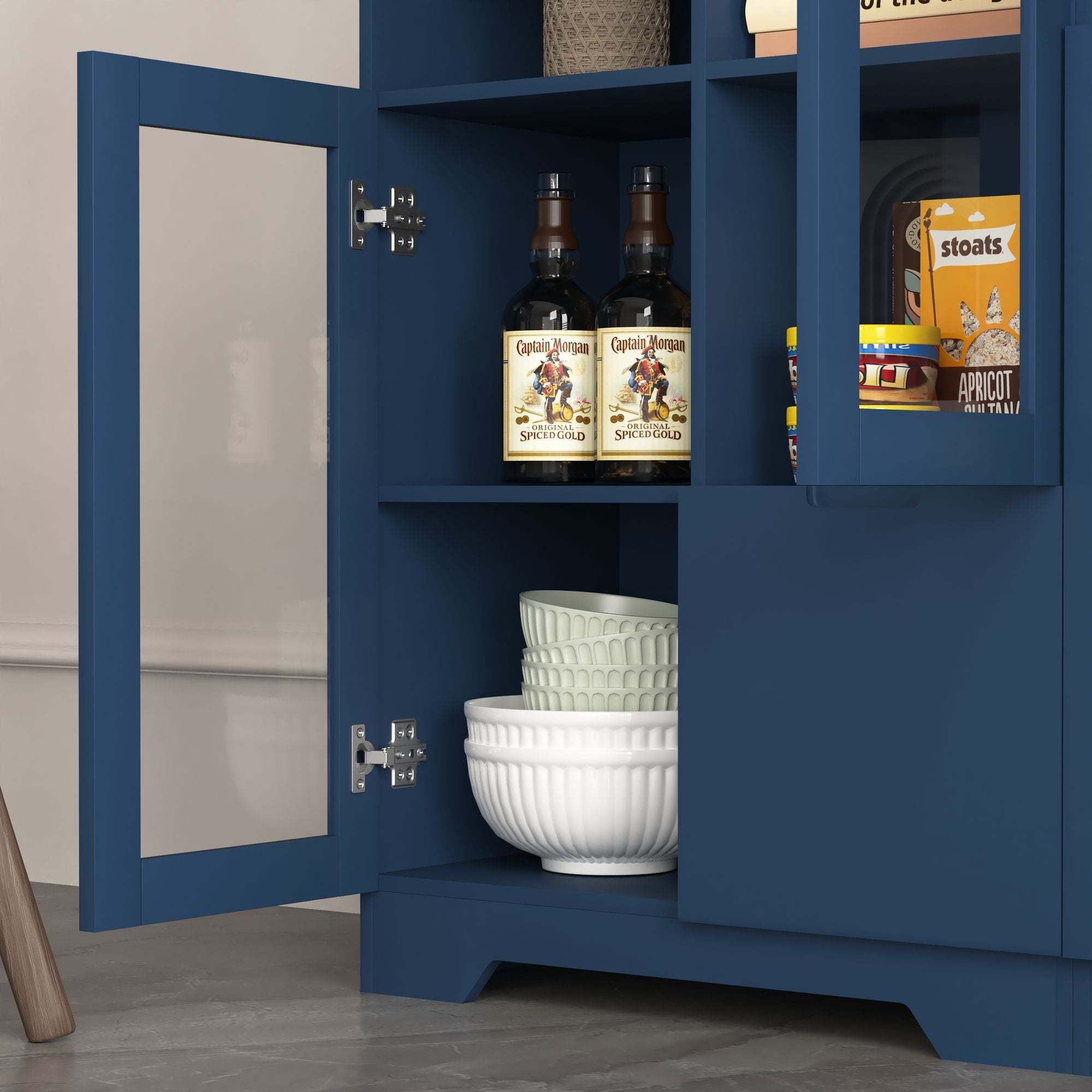 Blue Wooden Floor Cabinet with 2 Glass Doors – Stylish Storage for Living Room, Entryway, Bedroom