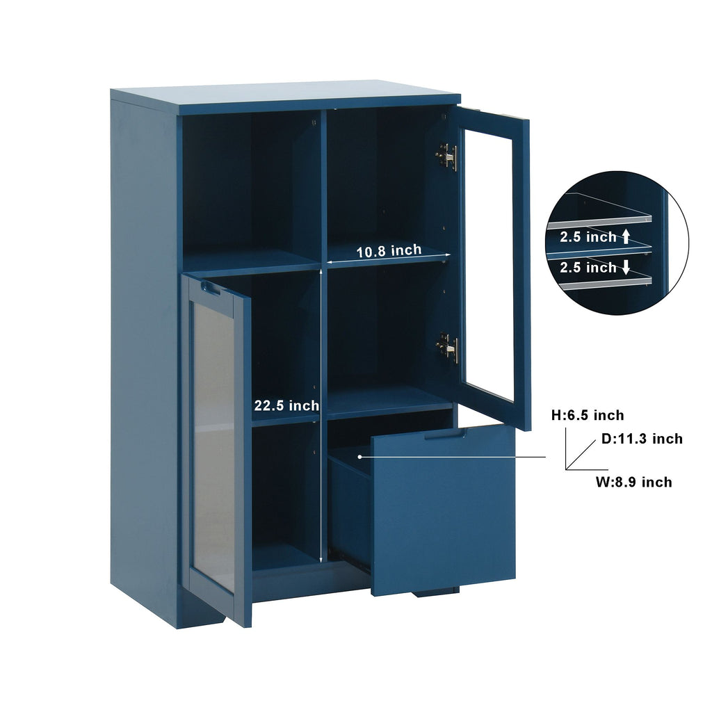 Blue Wooden Floor Cabinet with 2 Glass Doors – Stylish Storage for Living Room, Entryway, Bedroom