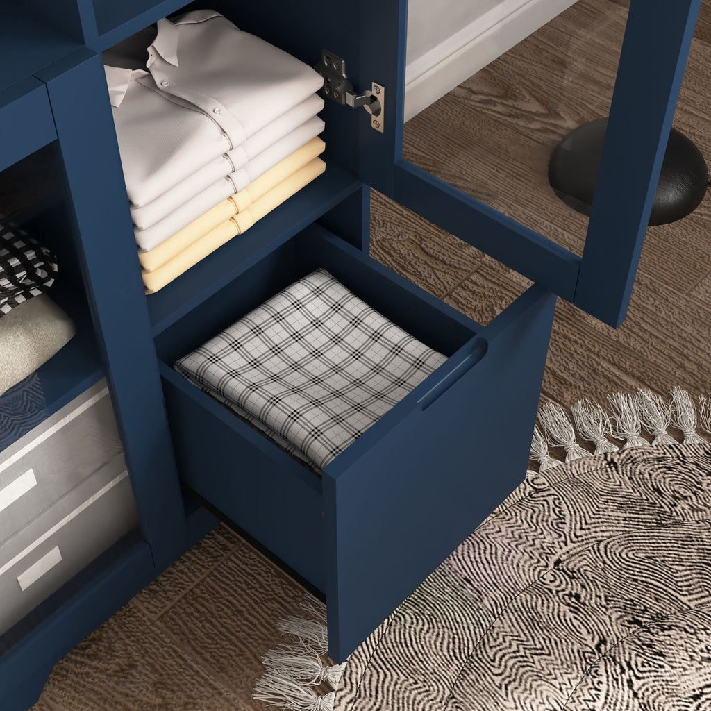 Blue Wooden Floor Cabinet with 2 Glass Doors – Stylish Storage for Living Room, Entryway, Bedroom
