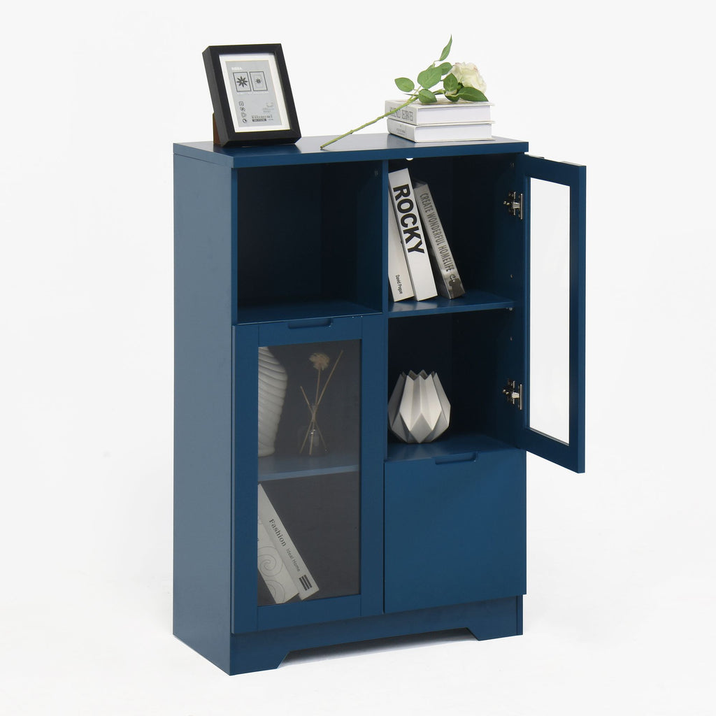 Blue Wooden Floor Cabinet with 2 Glass Doors – Stylish Storage for Living Room, Entryway, Bedroom
