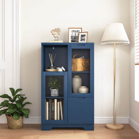 Blue Wooden Floor Cabinet with 2 Glass Doors – Stylish Storage for Living Room, Entryway, Bedroom