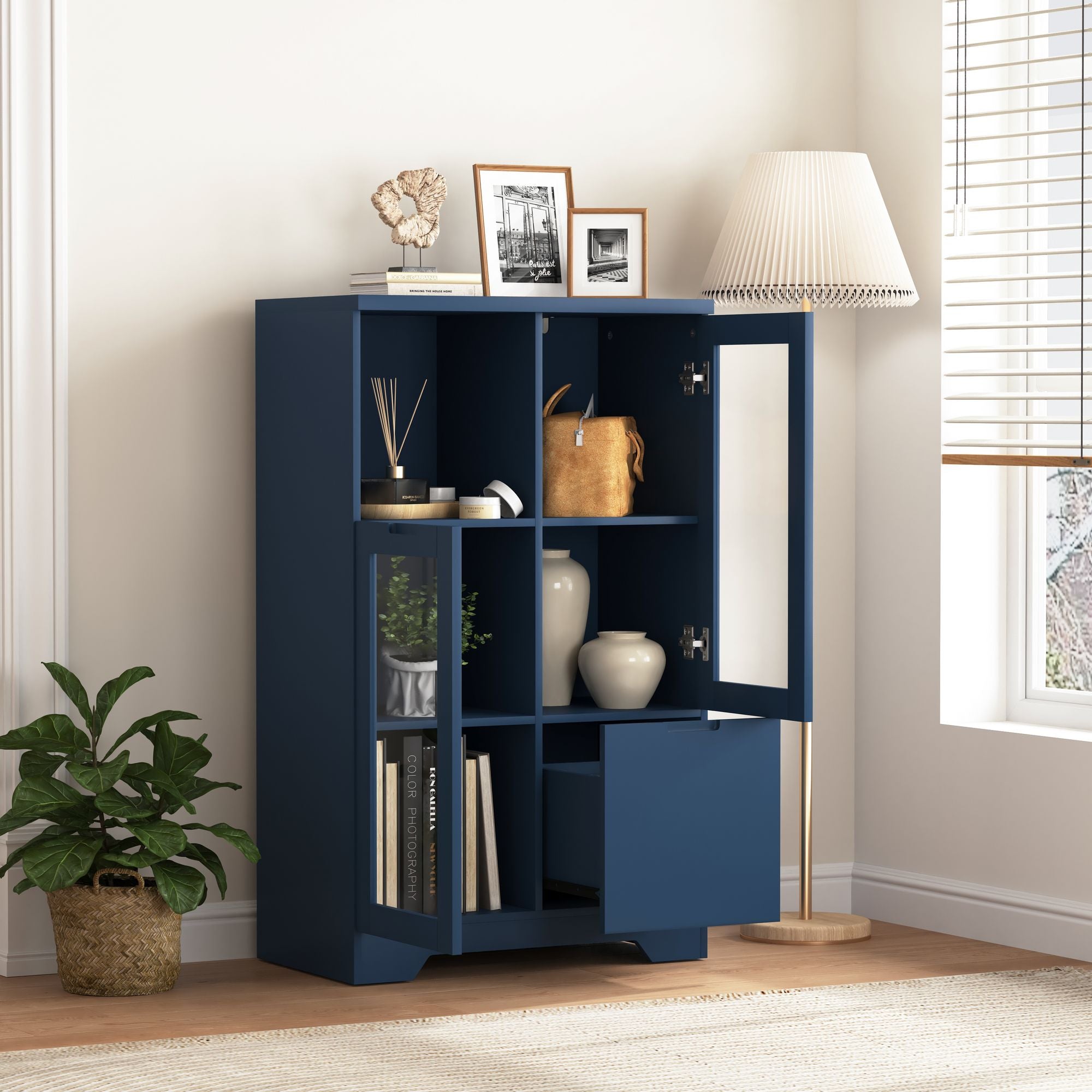 Blue Wooden Floor Cabinet with 2 Glass Doors – Stylish Storage for Living Room, Entryway, Bedroom