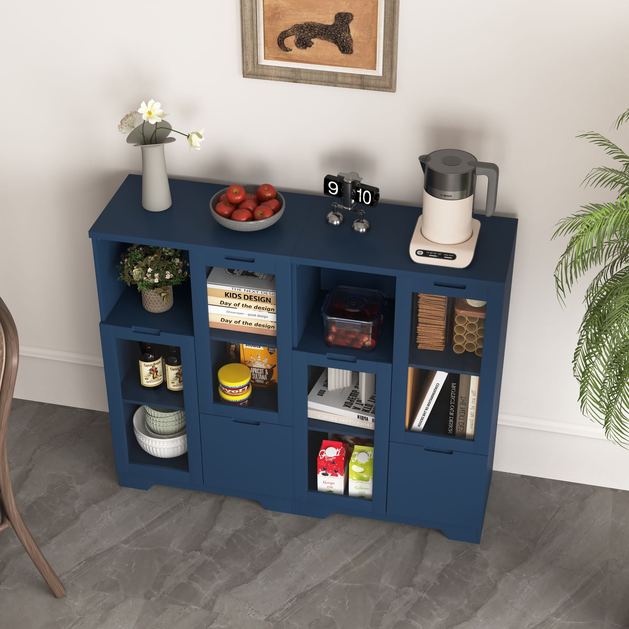 Blue Wooden Floor Cabinet with 2 Glass Doors – Stylish Storage for Living Room, Entryway, Bedroom