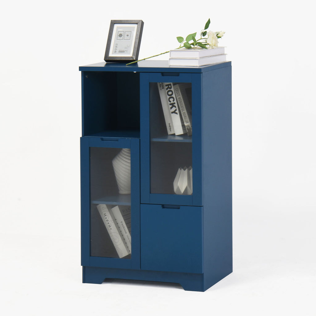 Blue Wooden Floor Cabinet with 2 Glass Doors – Stylish Storage for Living Room, Entryway, Bedroom