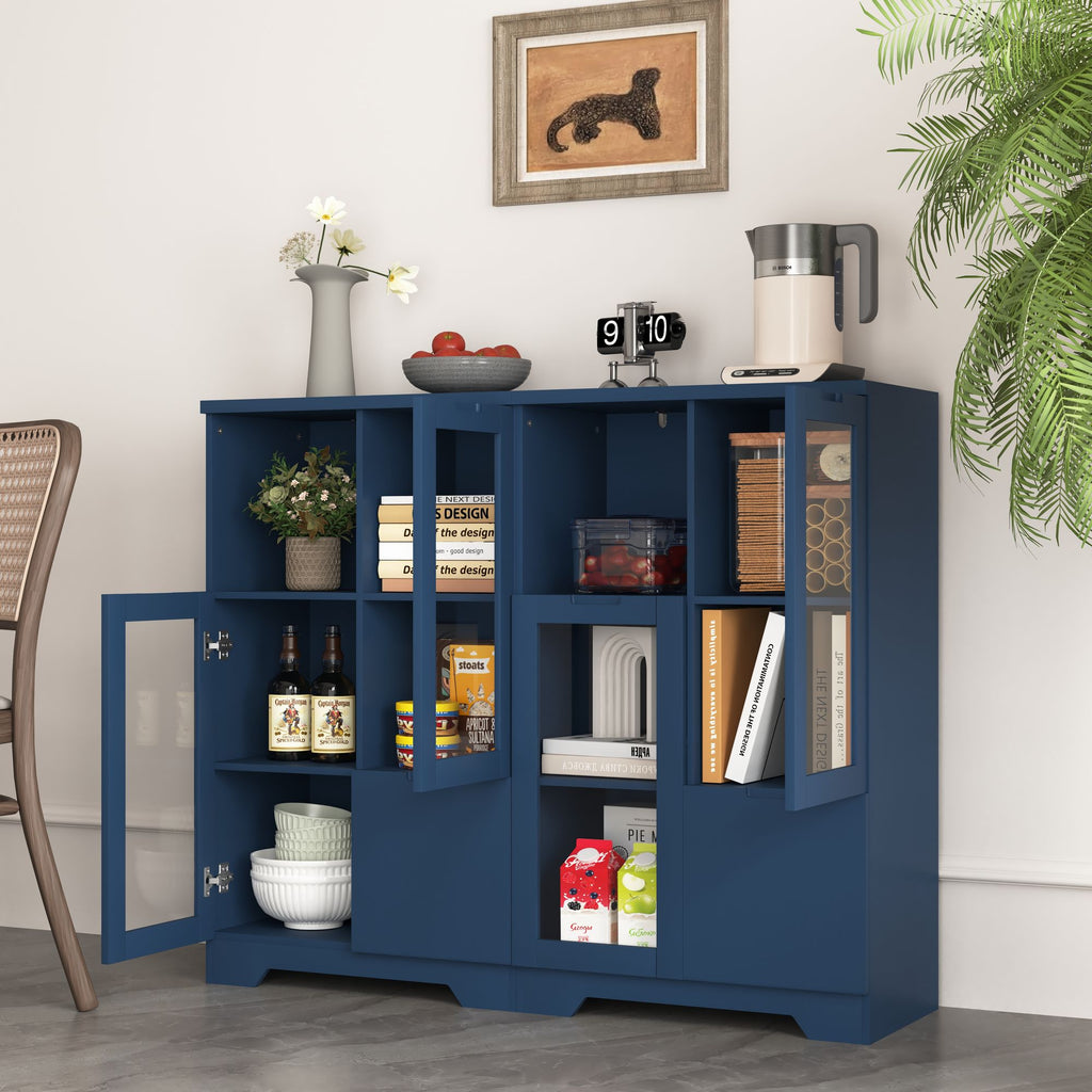Blue Wooden Floor Cabinet with 2 Glass Doors – Stylish Storage for Living Room, Entryway, Bedroom