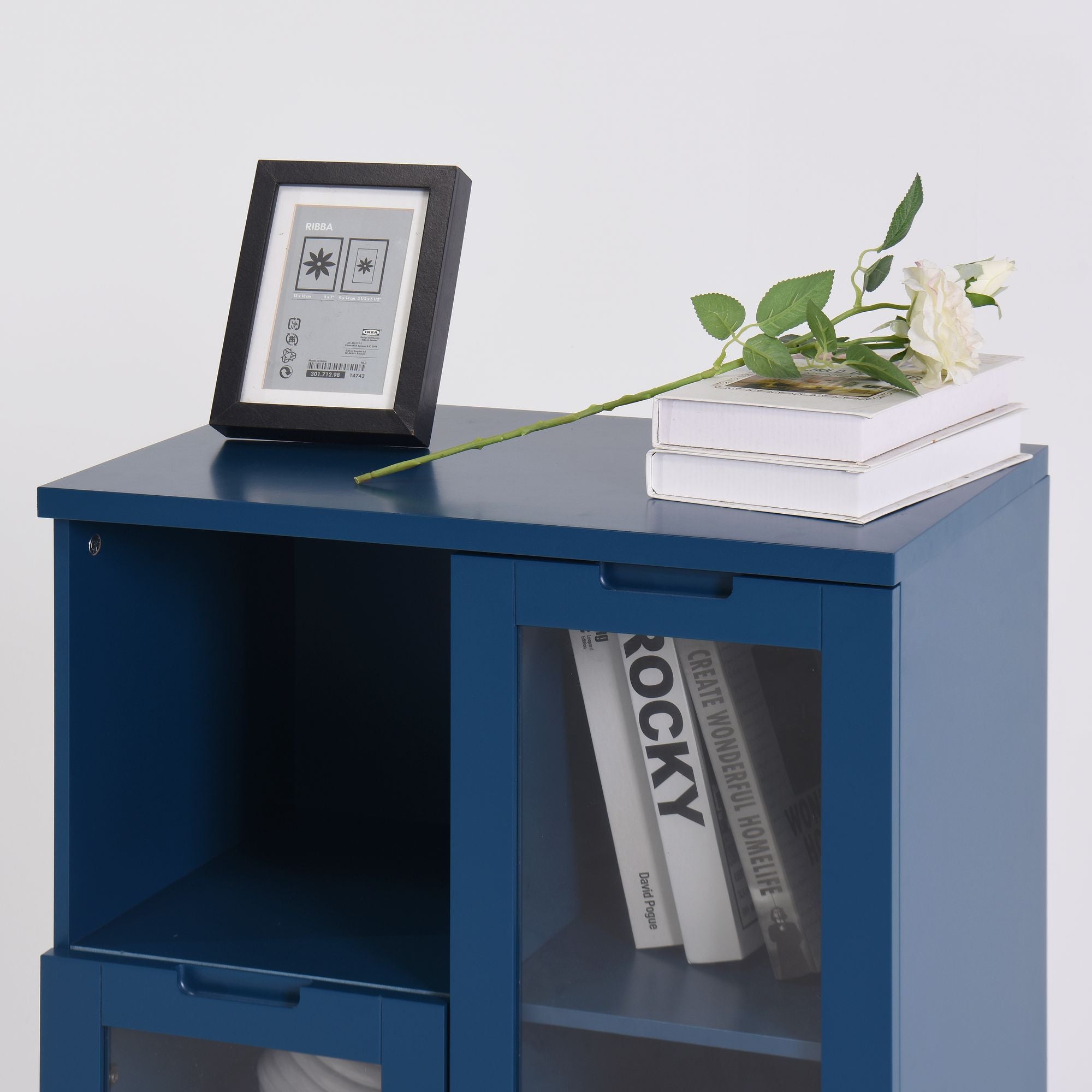 Blue Wooden Floor Cabinet with 2 Glass Doors – Stylish Storage for Living Room, Entryway, Bedroom