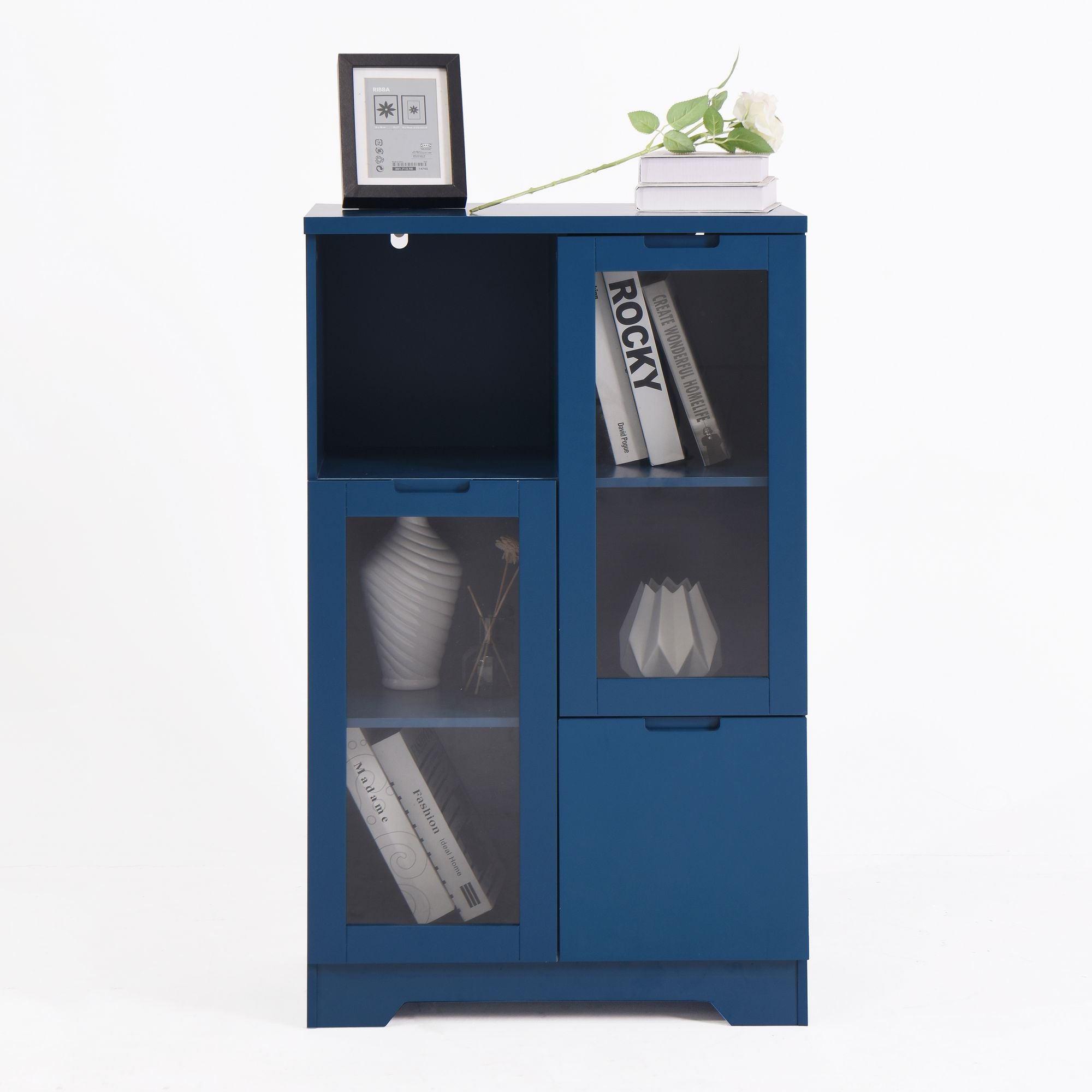 Blue Wooden Floor Cabinet with 2 Glass Doors – Stylish Storage for Living Room, Entryway, Bedroom