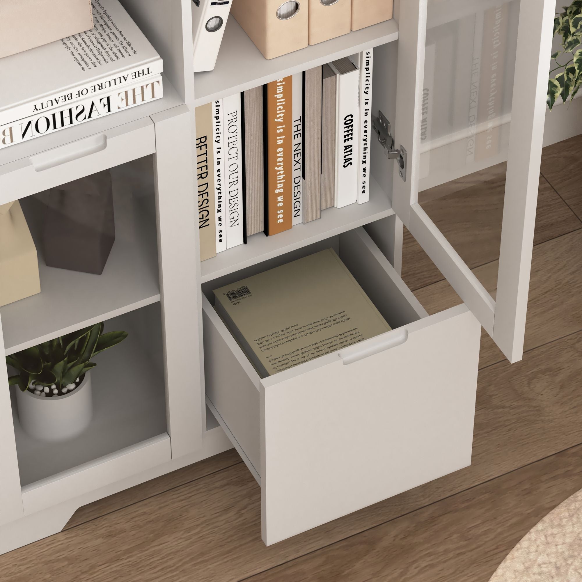 White Floor Cabinet with 2 Glass Doors and Adjustable Shelves for Living Room