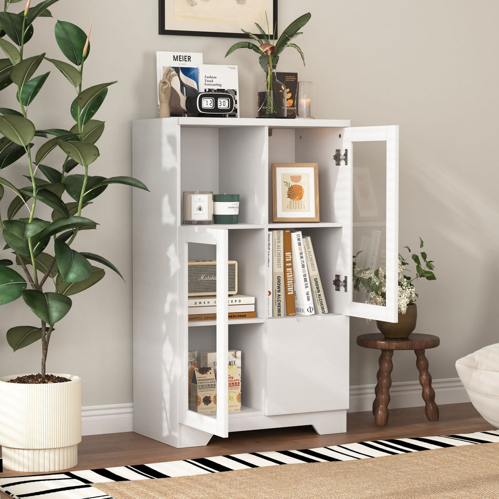 White Floor Cabinet with 2 Glass Doors and Adjustable Shelves for Living Room