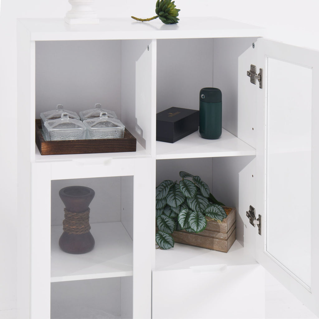 White Floor Cabinet with 2 Glass Doors and Adjustable Shelves for Living Room