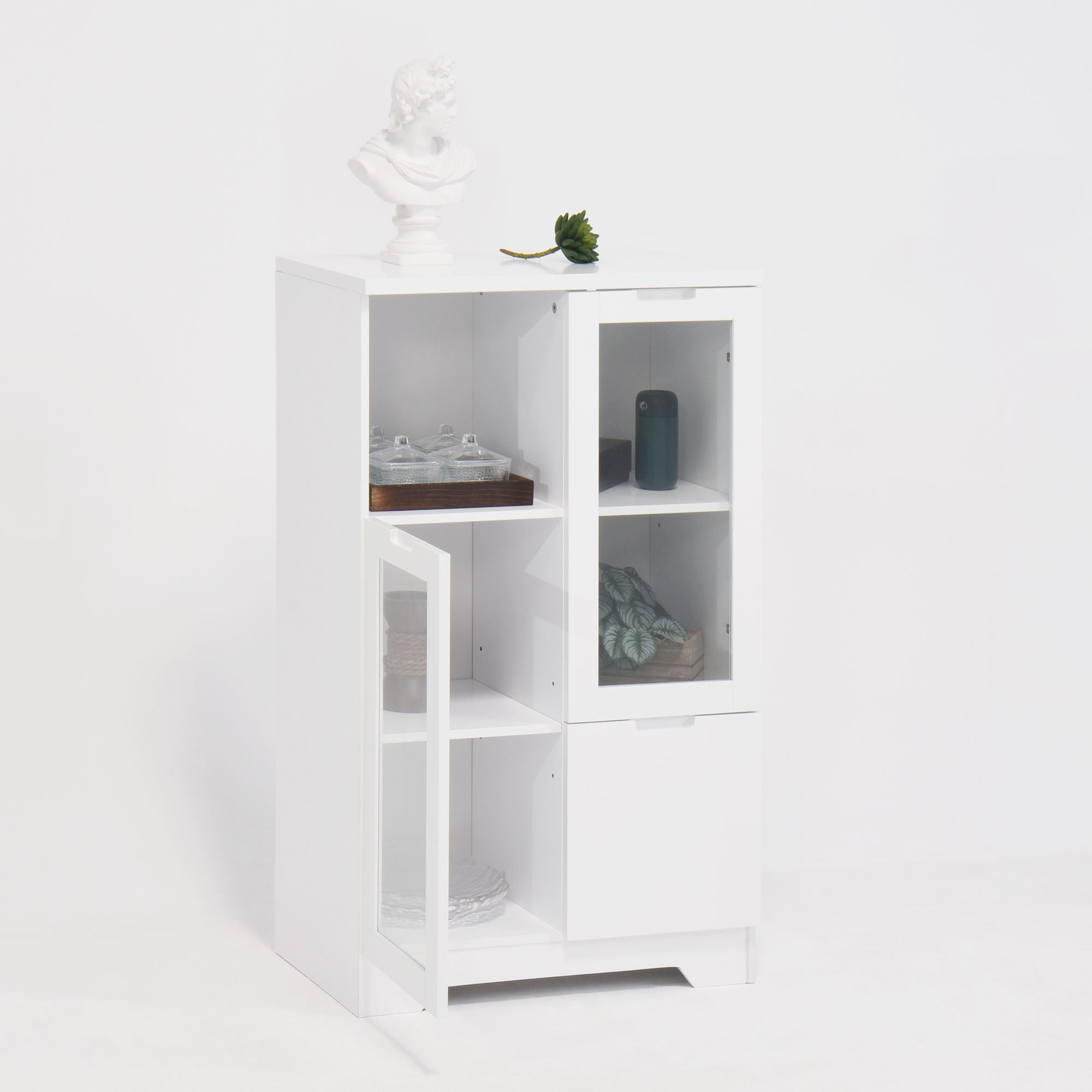 White Floor Cabinet with 2 Glass Doors and Adjustable Shelves for Living Room