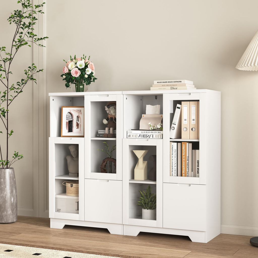 White Floor Cabinet with 2 Glass Doors and Adjustable Shelves for Living Room