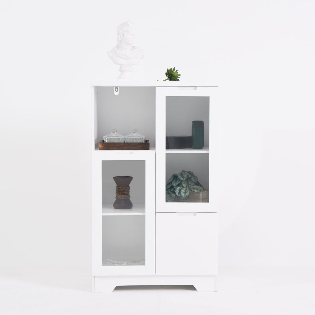 White Floor Cabinet with 2 Glass Doors and Adjustable Shelves for Living Room