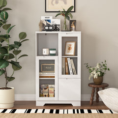 White Floor Cabinet with 2 Glass Doors and Adjustable Shelves for Living Room
