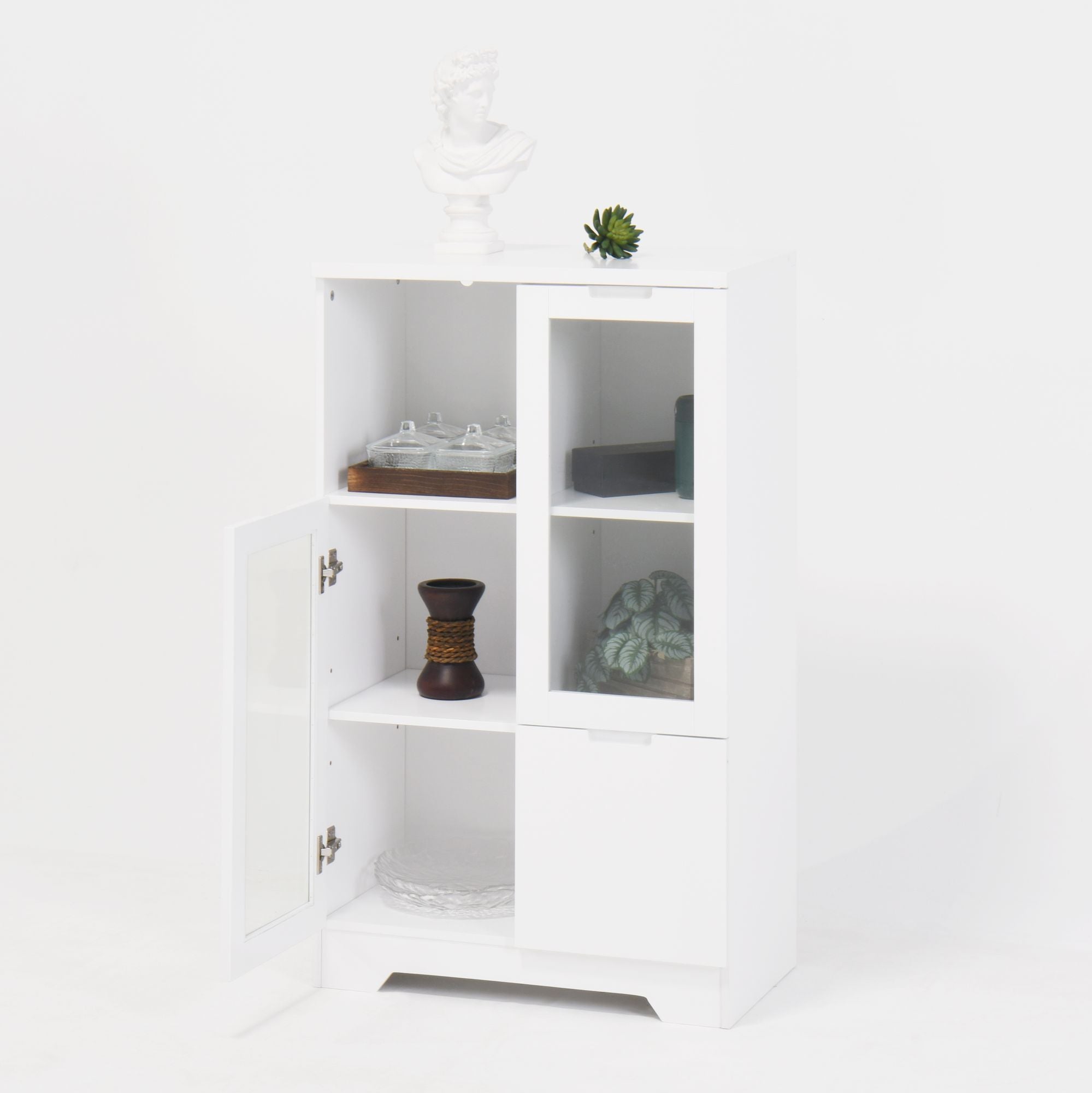 White Floor Cabinet with 2 Glass Doors and Adjustable Shelves for Living Room