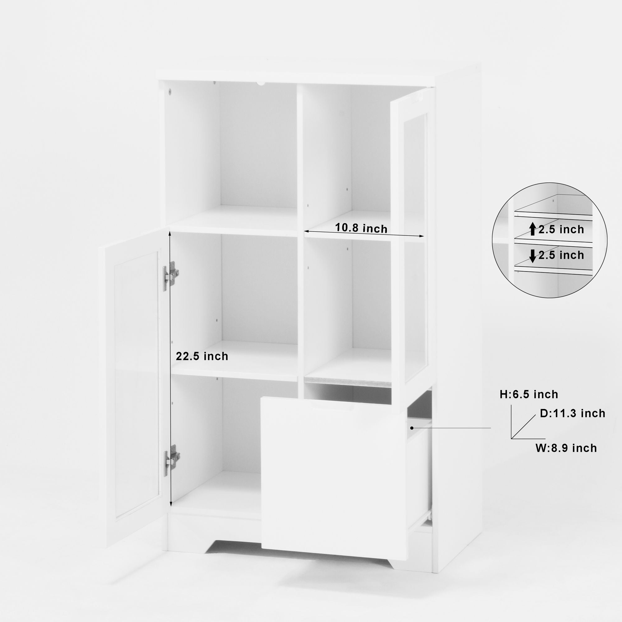 White Floor Cabinet with 2 Glass Doors and Adjustable Shelves for Living Room