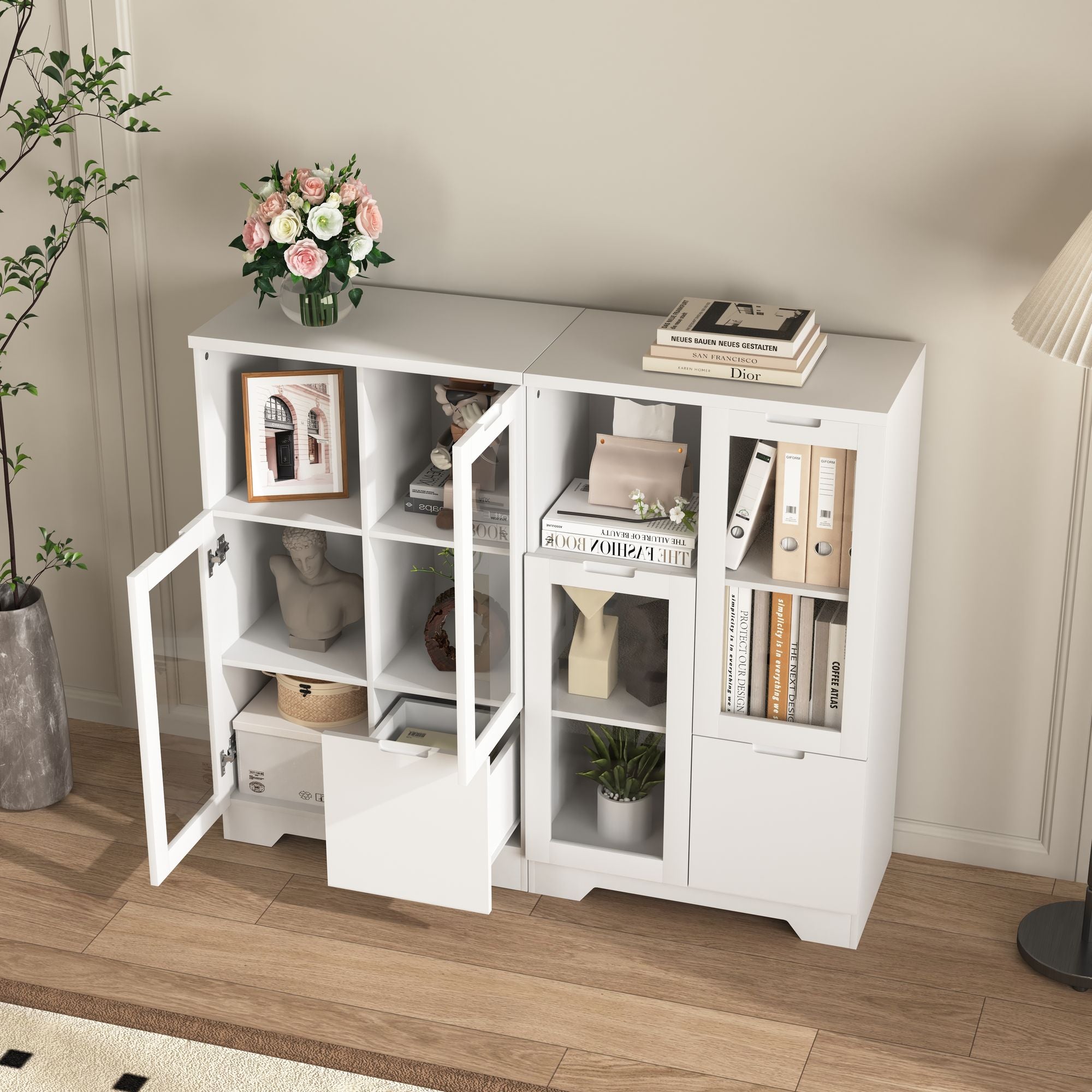 White Floor Cabinet with 2 Glass Doors and Adjustable Shelves for Living Room