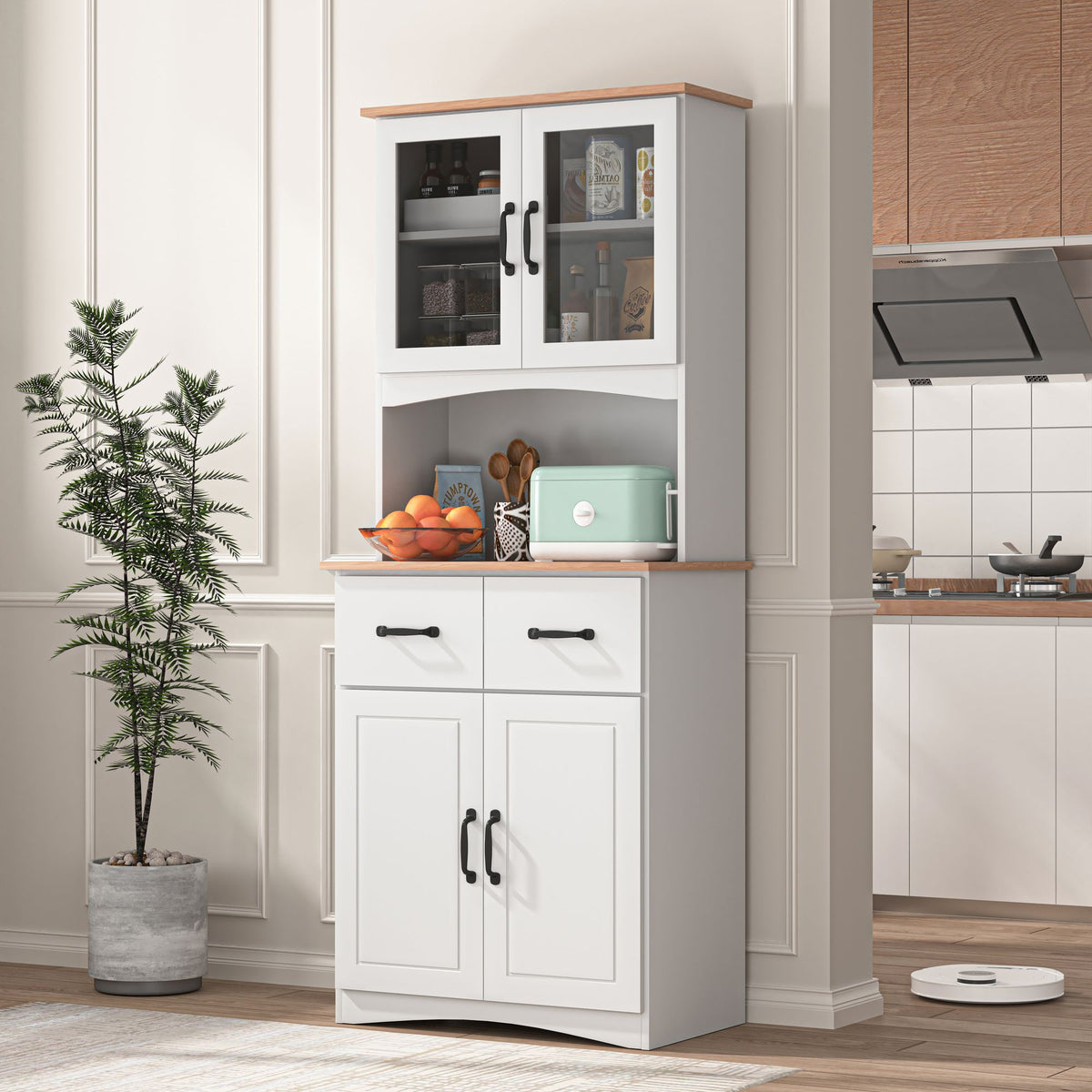 Wooden Kitchen Cabinet with Framed Glass Doors and Drawer - Ample Storage for Pantry