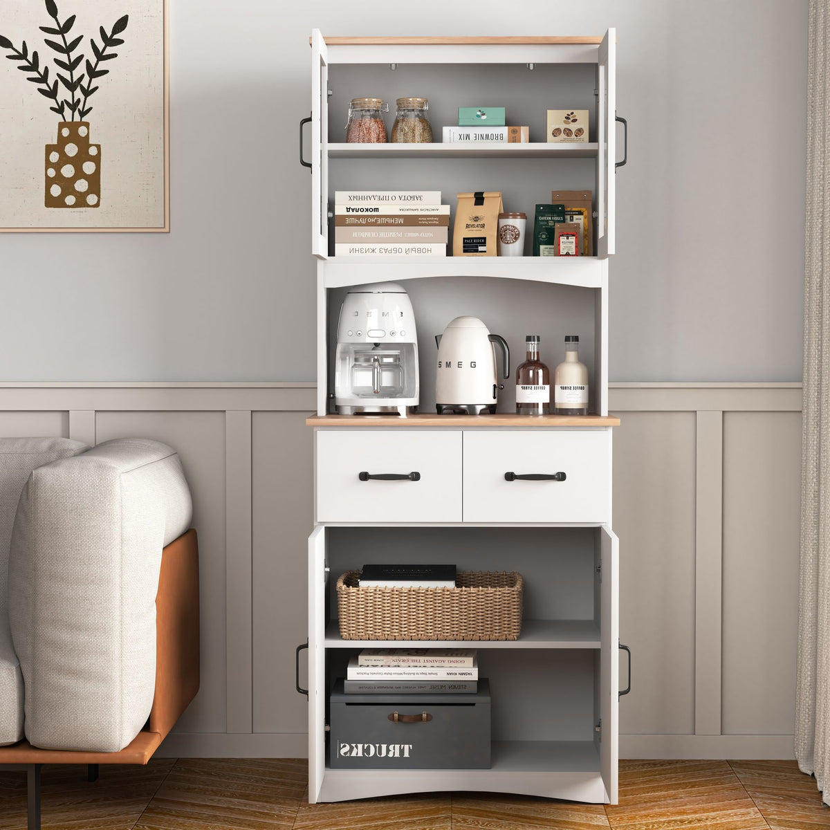 Wooden Kitchen Cabinet with Framed Glass Doors and Drawer - Ample Storage for Pantry