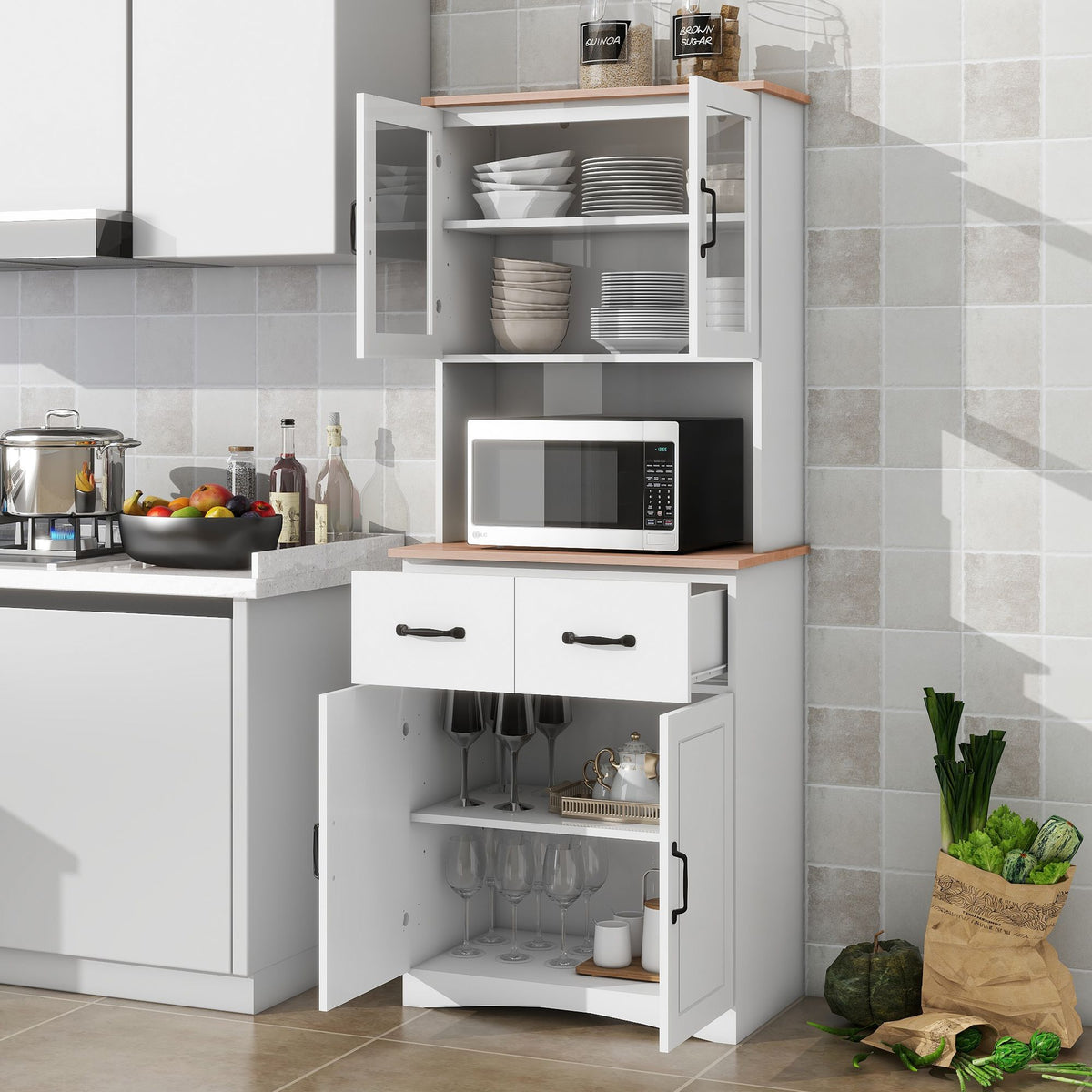 Wooden Kitchen Cabinet with Framed Glass Doors and Drawer - Ample Storage for Pantry