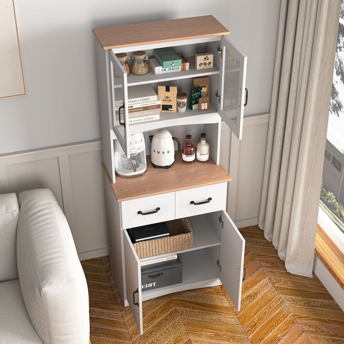 Wooden Kitchen Cabinet with Framed Glass Doors and Drawer - Ample Storage for Pantry