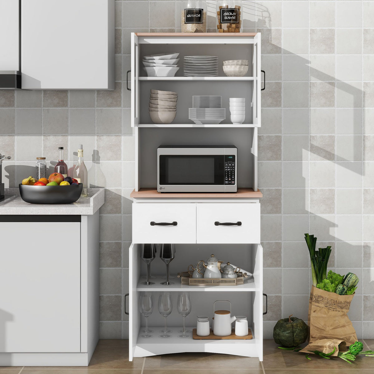 Wooden Kitchen Cabinet with Framed Glass Doors and Drawer - Ample Storage for Pantry