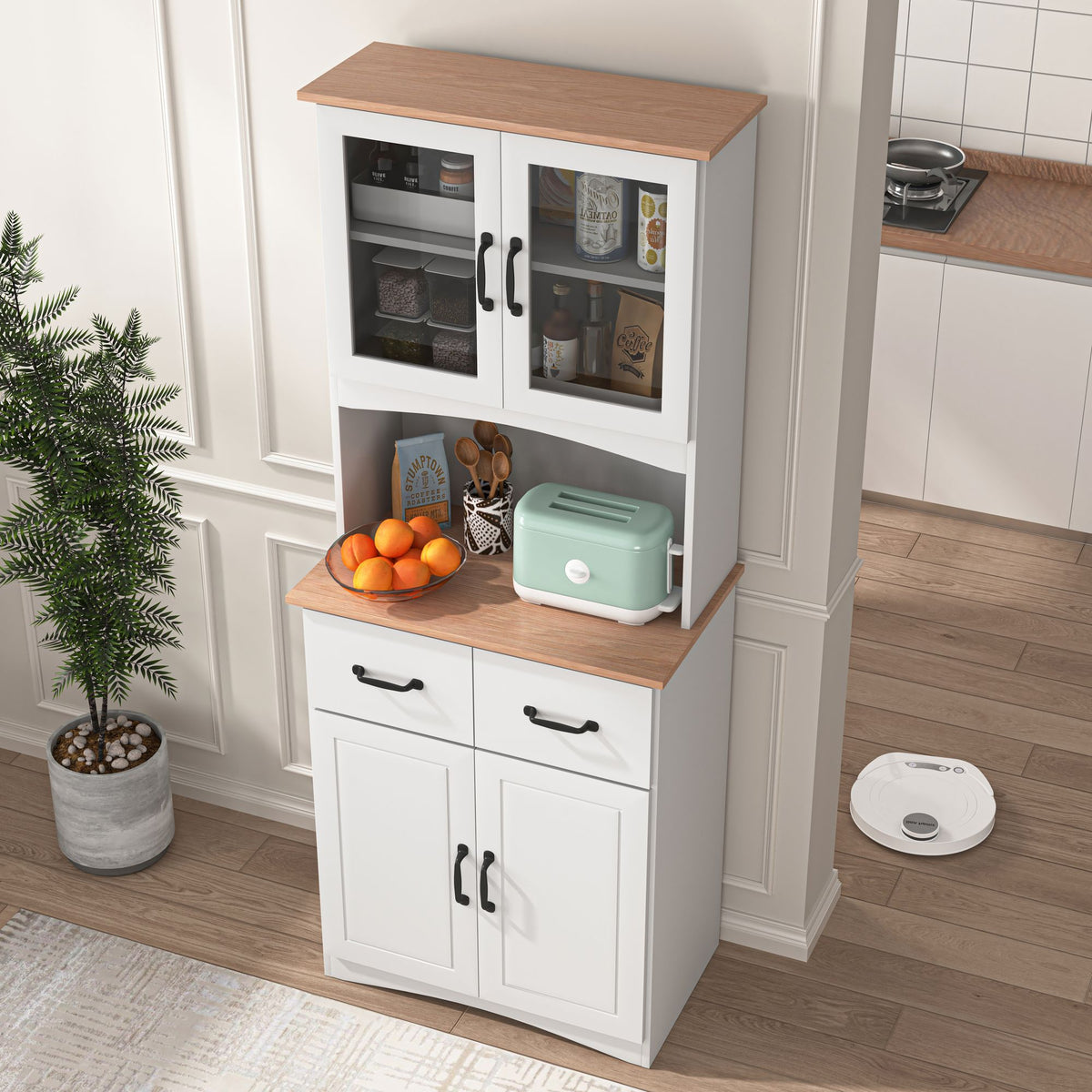 Wooden Kitchen Cabinet with Framed Glass Doors and Drawer - Ample Storage for Pantry