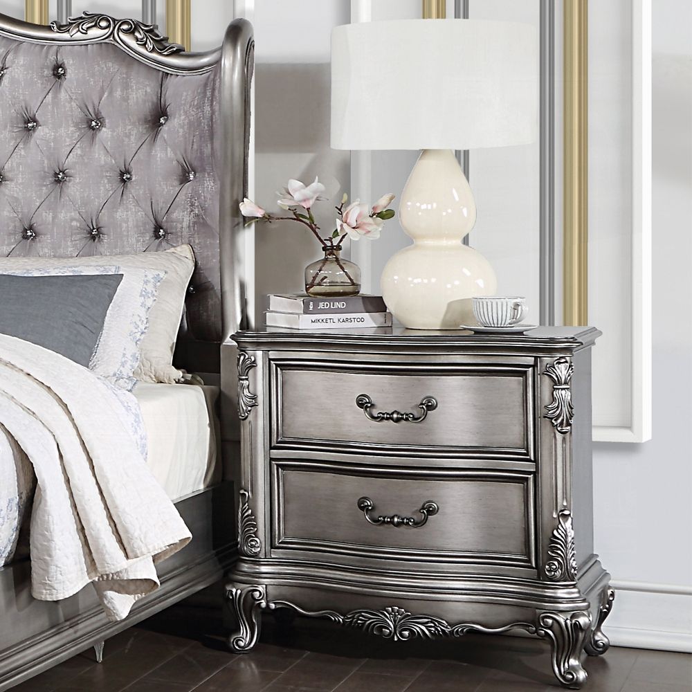 Antique Platinum Two-Drawer Nightstand with Cabriole Legs