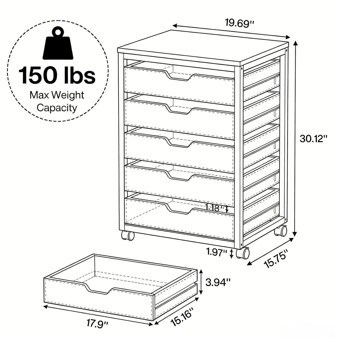 5-Drawer Mobile Dresser Cabinet with Wheels for Office or Bedroom