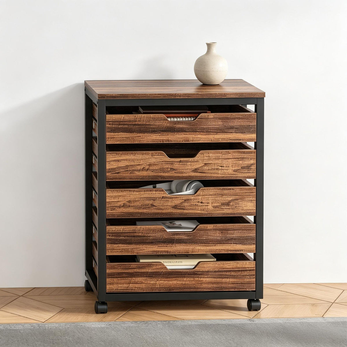 5-Drawer Mobile Dresser Cabinet with Wheels for Office or Bedroom