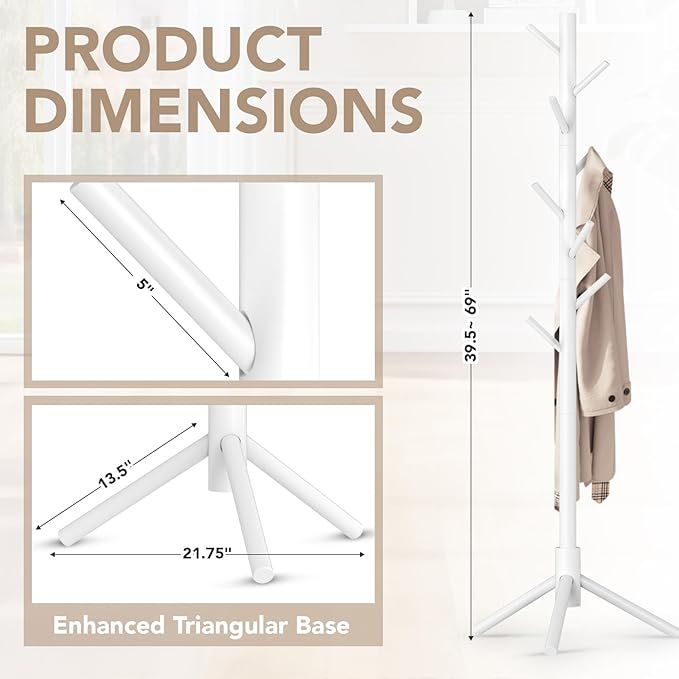 Wooden Tree Coat Rack Stand with 8 Hooks