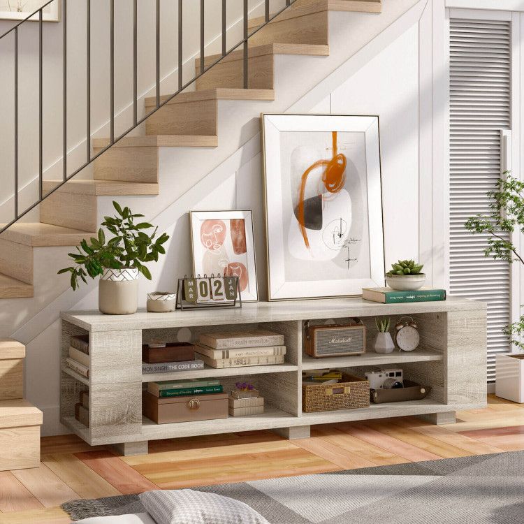 59- Wooden TV Stand with 8 Open Shelves and Adjustable Storage