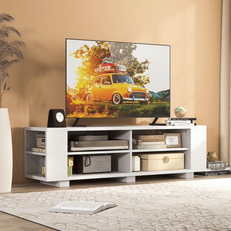 59- Wooden TV Stand with 8 Open Shelves and Adjustable Storage