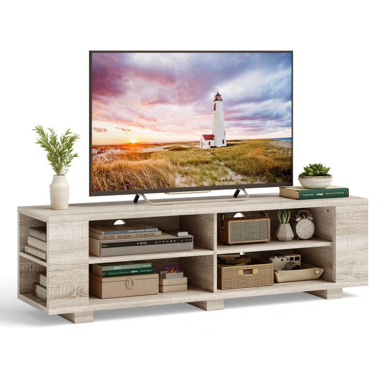 59- Wooden TV Stand with 8 Open Shelves and Adjustable Storage