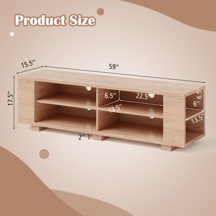 59- Wooden TV Stand with 8 Open Shelves and Adjustable Storage