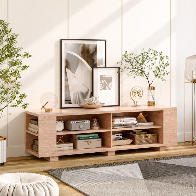 59- Wooden TV Stand with 8 Open Shelves and Adjustable Storage