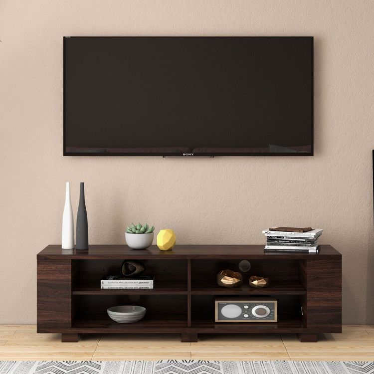 59- Wooden TV Stand with 8 Open Shelves and Adjustable Storage