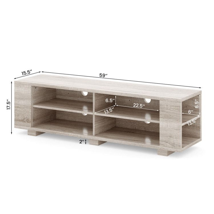59- Wooden TV Stand with 8 Open Shelves and Adjustable Storage