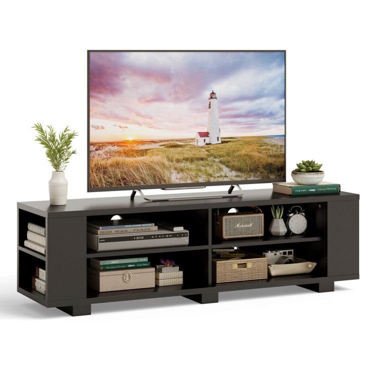 59- Wooden TV Stand with 8 Open Shelves and Adjustable Storage