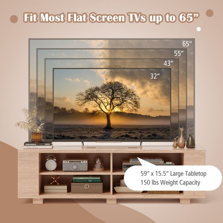 59- Wooden TV Stand with 8 Open Shelves and Adjustable Storage